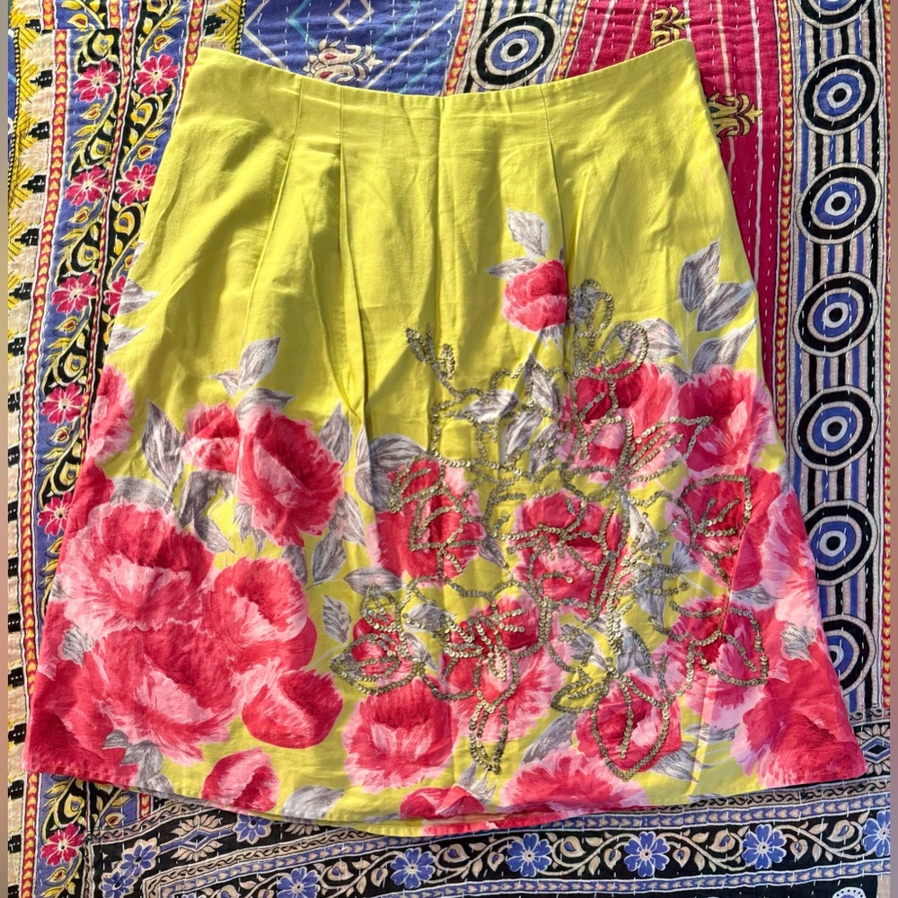 ANTHROPOLOGIE || ODILLE Sequined Peony Lore Skirt Pink and Yellow - Size 10 - Picture 2 of 8